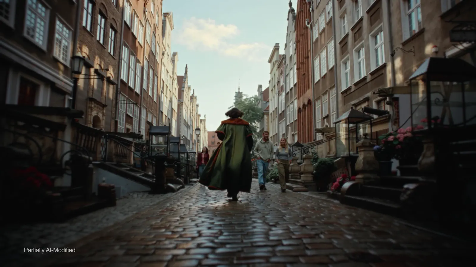 A figure in historic costume walking a cobbled street in Gdańsk's Main Town.